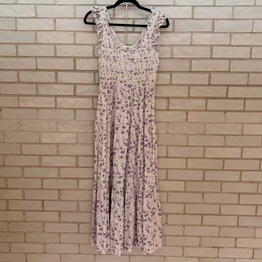 LoveShackFancy Floral Ruffle Midi Dress - White and Lavender